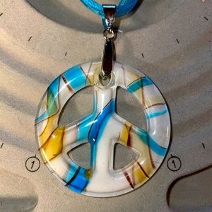 Unique Glass Peace Pendant on Ribbon Necklace